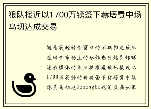 狼队接近以1700万镑签下赫塔费中场乌切达成交易